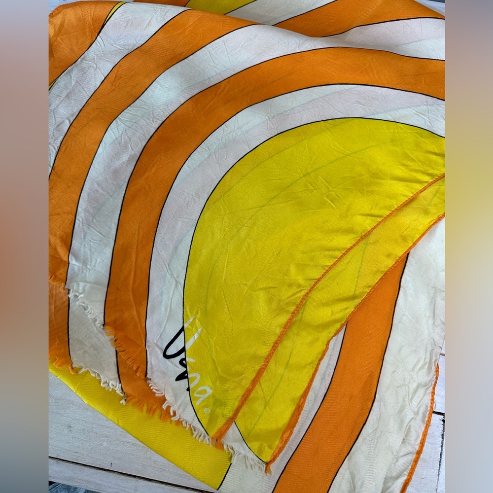 Vintage Vera Neumann Orange Yellow Ivory Hippie Oblong Frayed Scarf Headwrap